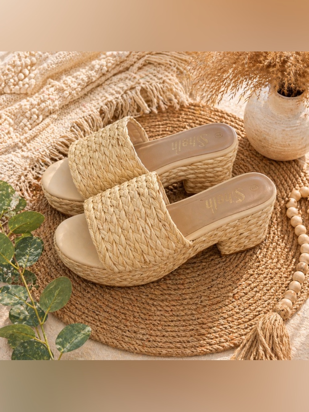 Sheln Woven Raffia Platform Slide Heels Size 7 Boho Neutral Sandals
